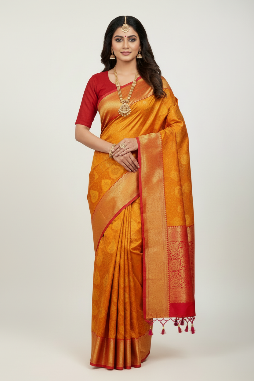 Bridal Vegan Silk Saree Golden Yellow shade with Pink Border with Unstitched blouse in Aari work