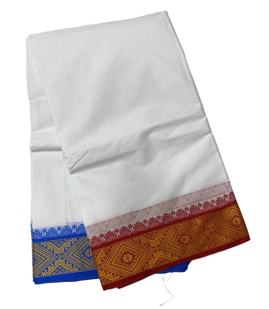 9X5 Cotton Dhoti White Red and Blue Border with Angavastram