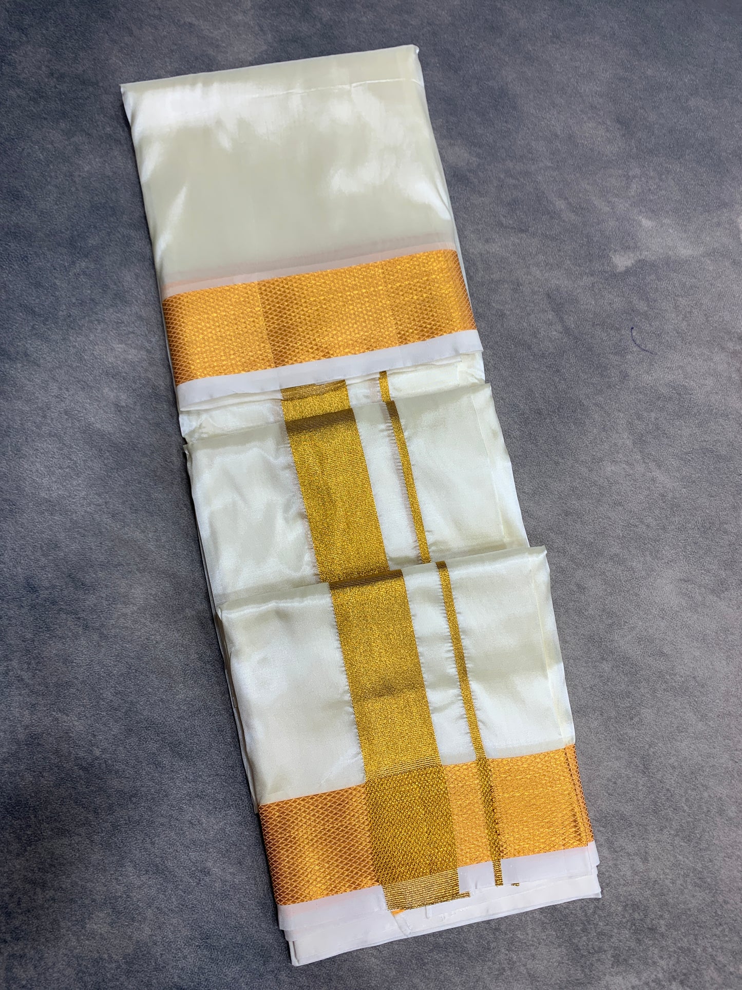 Art Silk Dhoti 8 Mulam Cream with Large Gold Zari Border