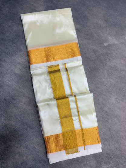 Art Silk Dhoti 8 Mulam Cream with Large Gold Zari Border
