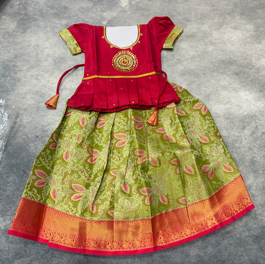 Ready To Wear Apple Green Pavadai with Contrast Pink Blouse