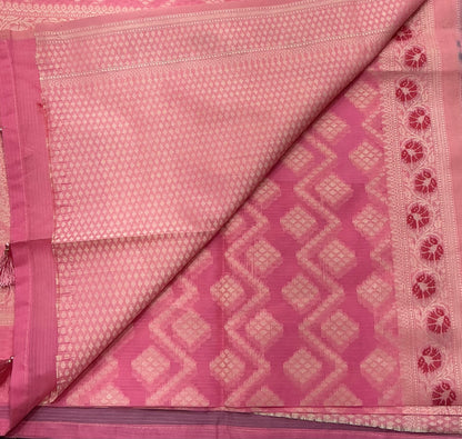 Chettinad Cotton Saree Baby Pink Colour with Red Floral Motifs Sliver Zari Base Border