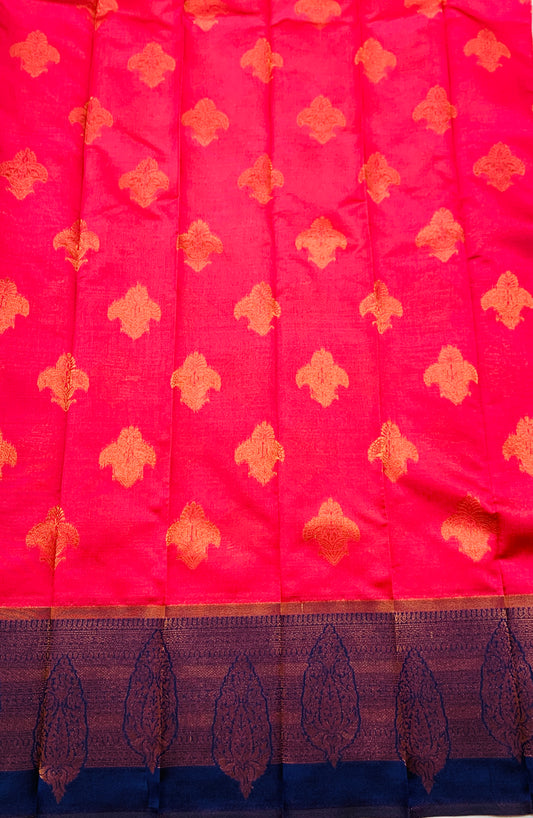 Art Silk Saree Salmon Pink Colour with Navy Blue Border