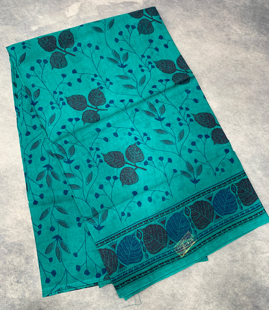 Chettinad Sungudi Cotton Rama Green Colour with Leaf Design Border