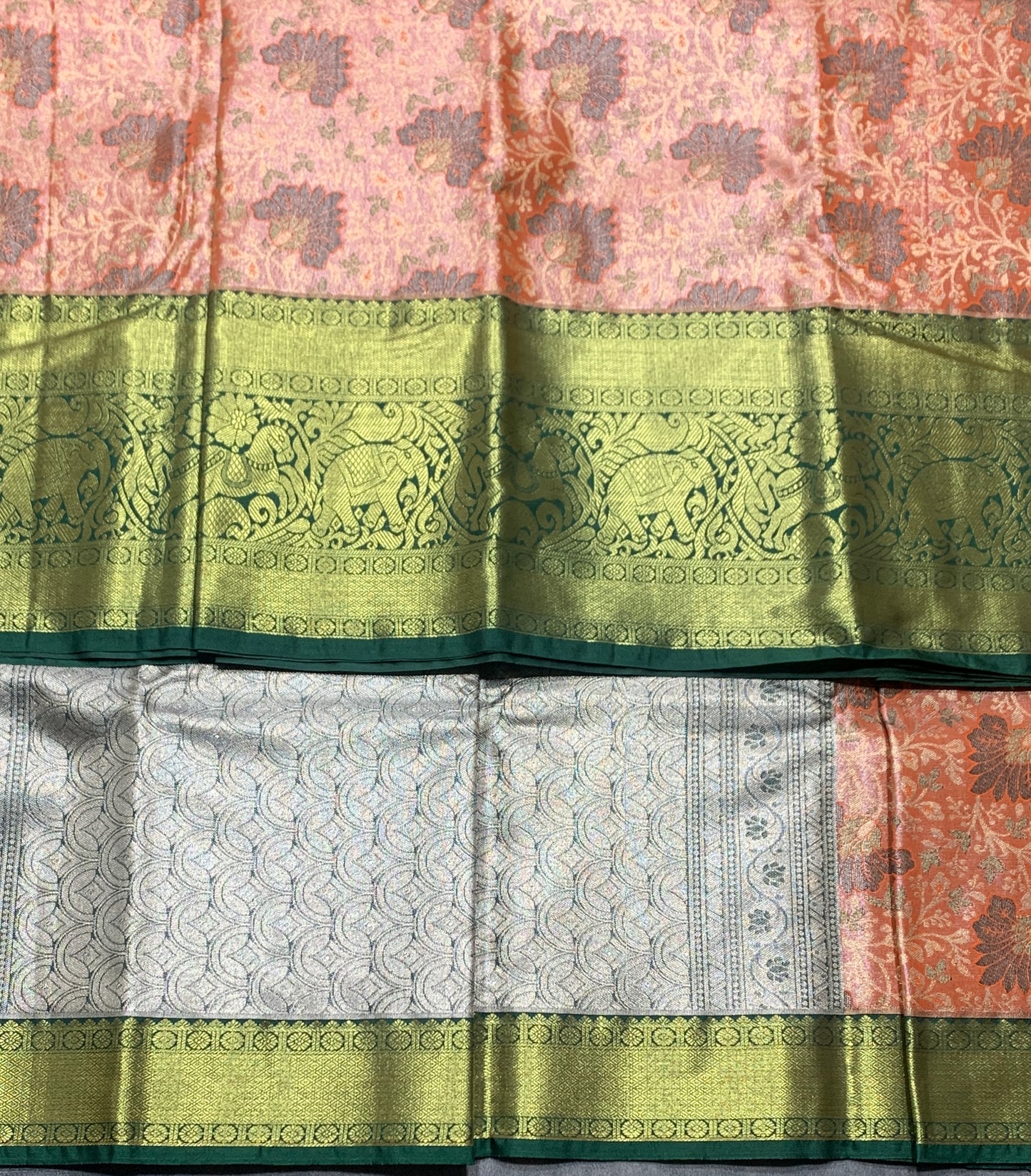 Orange Colour Soft kanchi pattu with Green Border