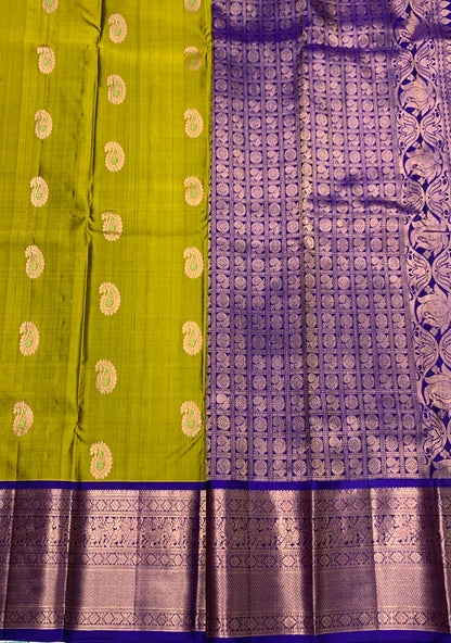 Pure Kanchipuram Silk Saree Olive Green Colour with Blue Border