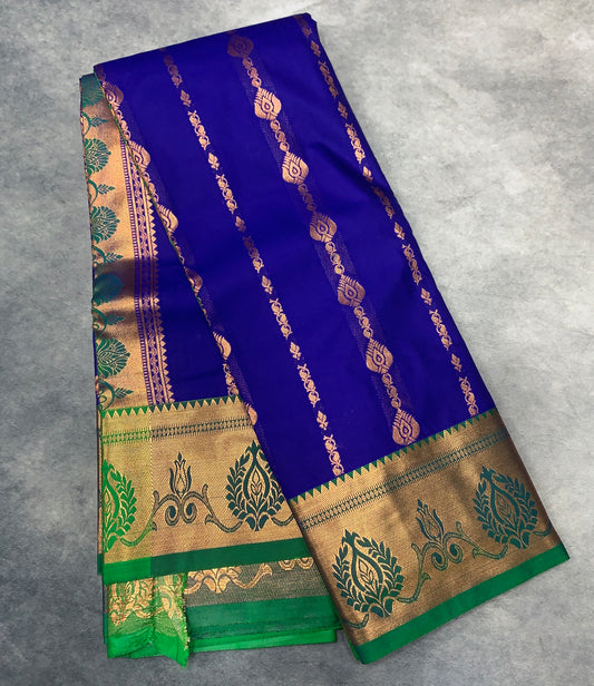 Soft Silk Casual Saree Blue Colour with Light Green Colour and Copper Zari Border