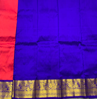 Red shade Pure Kanchipuram Kids Pattu Pavadai with Contrast Border for Newborn to 2 Years