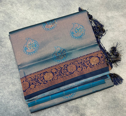 Art Silk Saree Sky Blue Colour and Stone Work with Navy Blue Border
