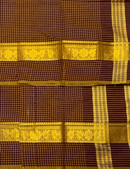 Chettinad Cotton Saree Brown Colour with Golden Colour Border