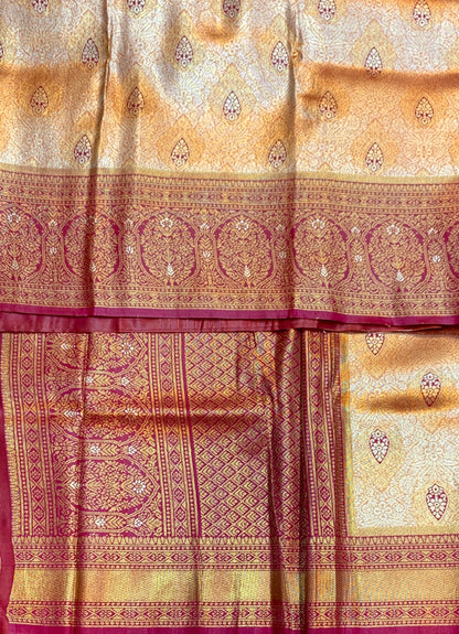 Fancy Tissue Saree Golden Orange Colour with Pink Border