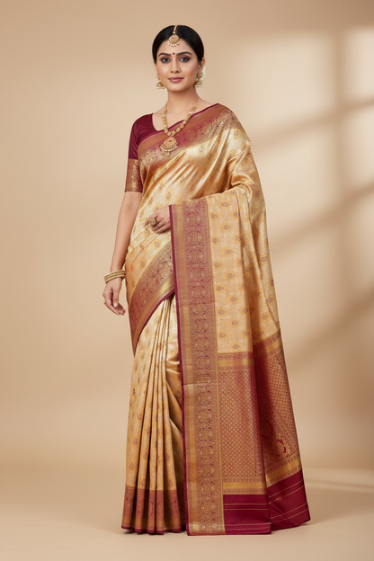 Fancy Tissue Saree Golden Orange Colour with Pink Border