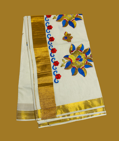 Kerala Cotton Saree Cream Colour with Floral Work Design