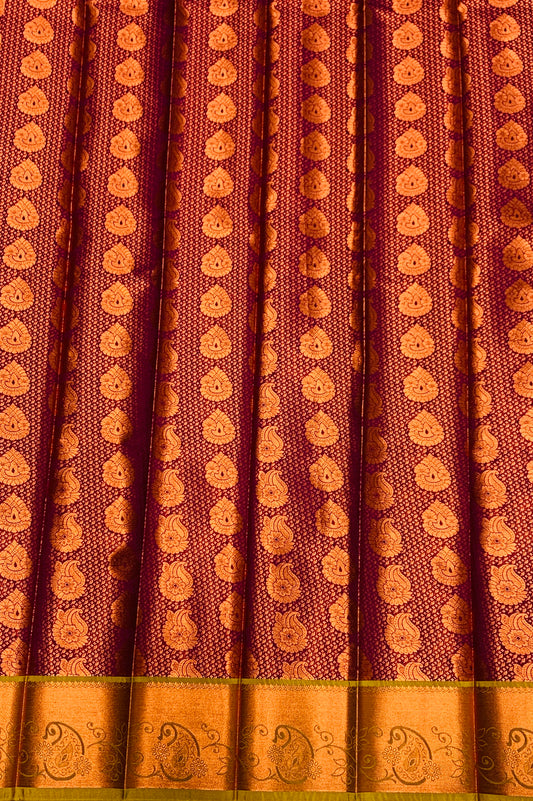 Vegan Silk Saree Maroon Colour with Copper and Golden Yellow Border