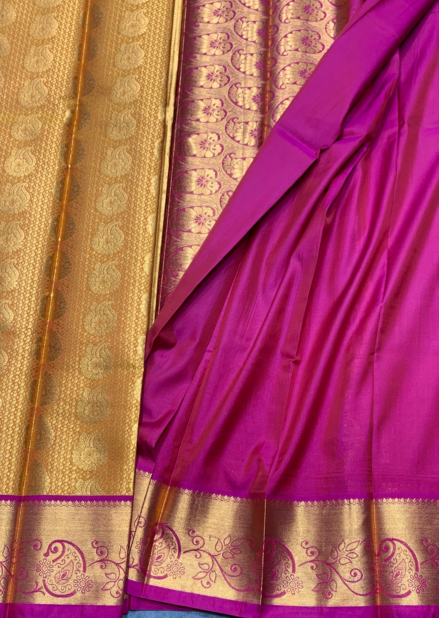 Vegan Silk Saree Golden Yellow Colour with Pink and Copper Border