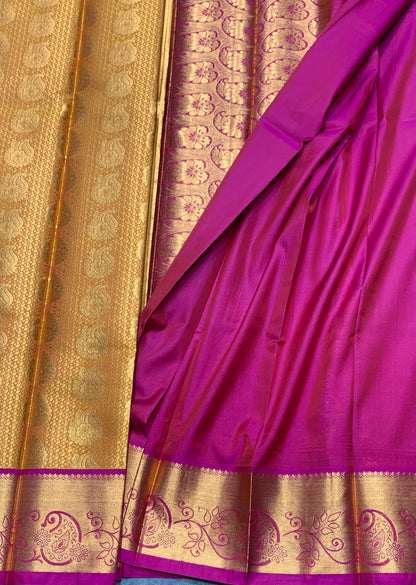 Vegan Silk Saree Golden Yellow Colour with Pink and Copper Border