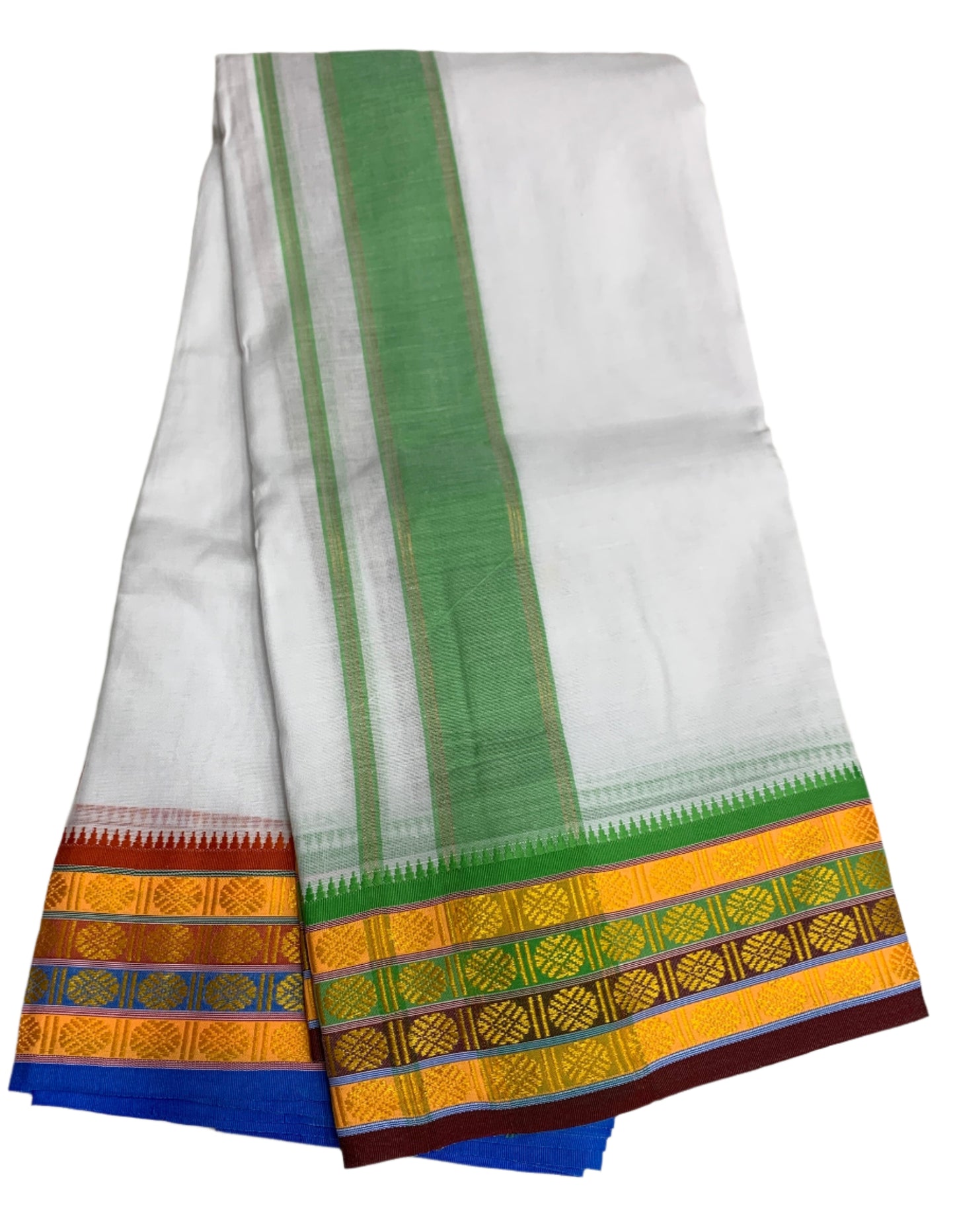 9X5 Cotton Dhoti White Colour with Yellow, Brown and Green Border