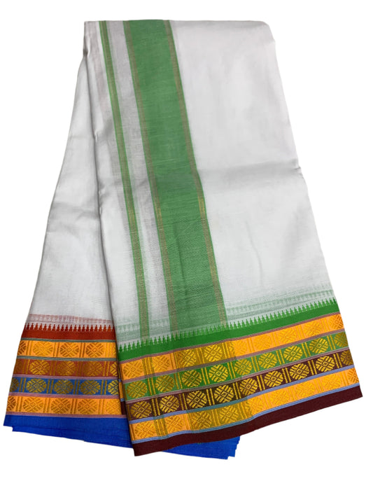 9X5 Cotton Dhoti White Colour with Yellow, Brown and Green Border