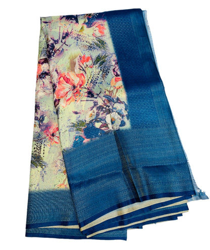 Digital Print Silk Saree Blue Colour with Floral Pattern