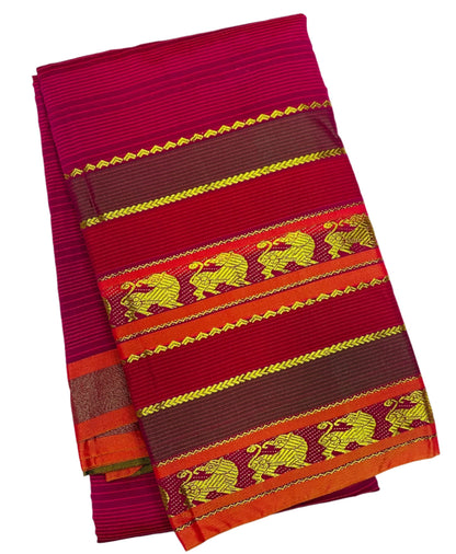 Arani Silk Saree Pink Colour with Olive Green Border with Animal Design