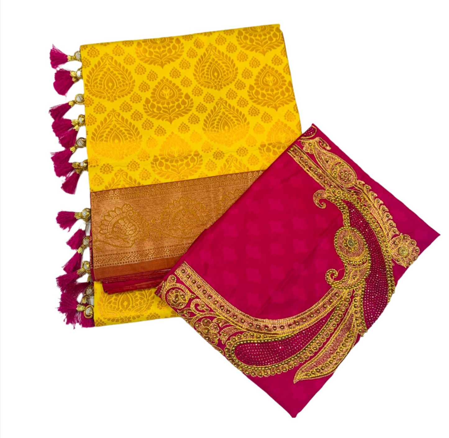 Bridal Vegan Silk Saree Yellow shade with Copper Border with Unstitched blouse in Aari work