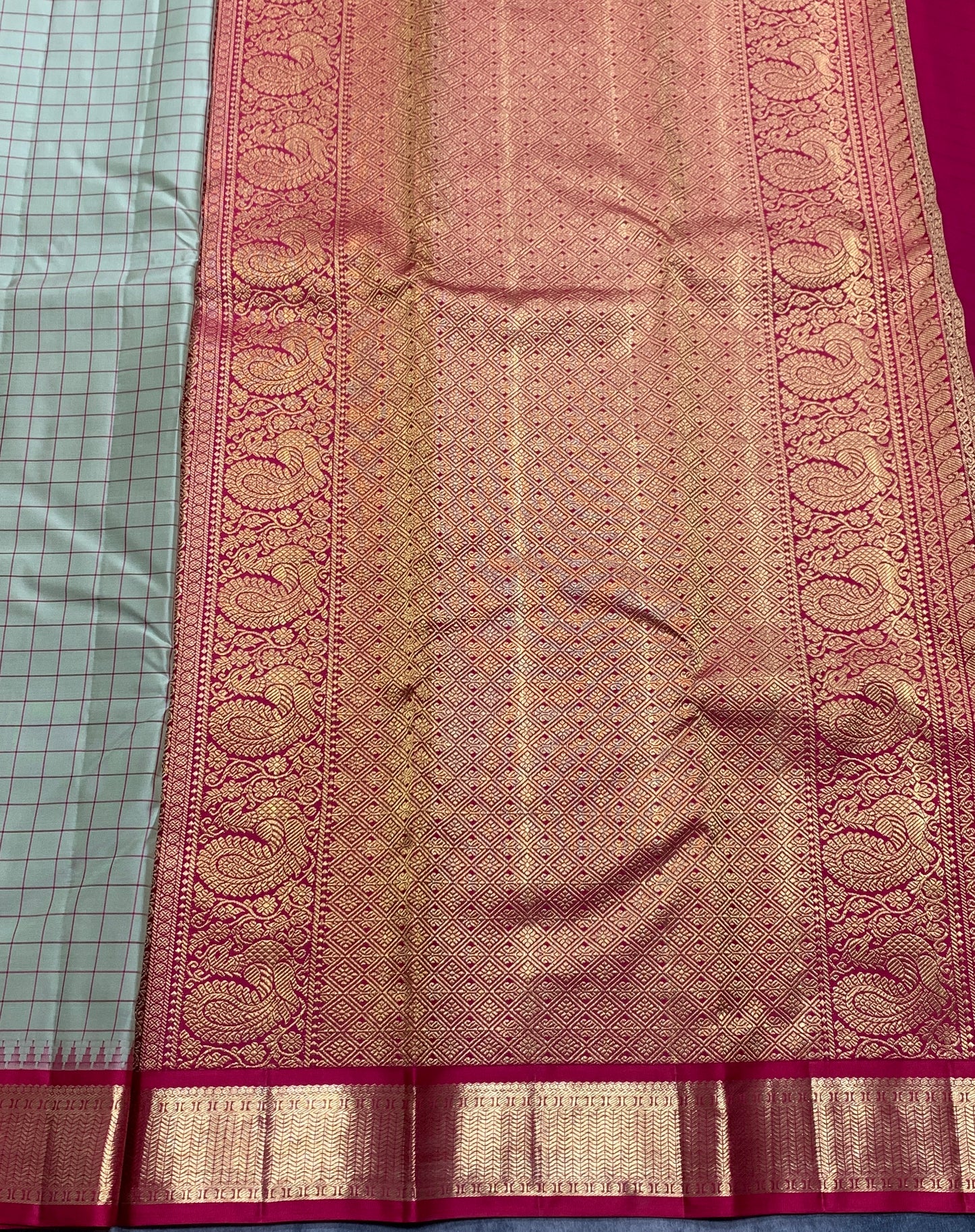 Pure Kanchipuram Silk Pista Green Colour with Red and Golden Zari Border