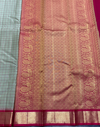 Pure Kanchipuram Silk Pista Green Colour with Red and Golden Zari Border