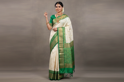 Pure Kanchipuram Silk White Colour with Green Border