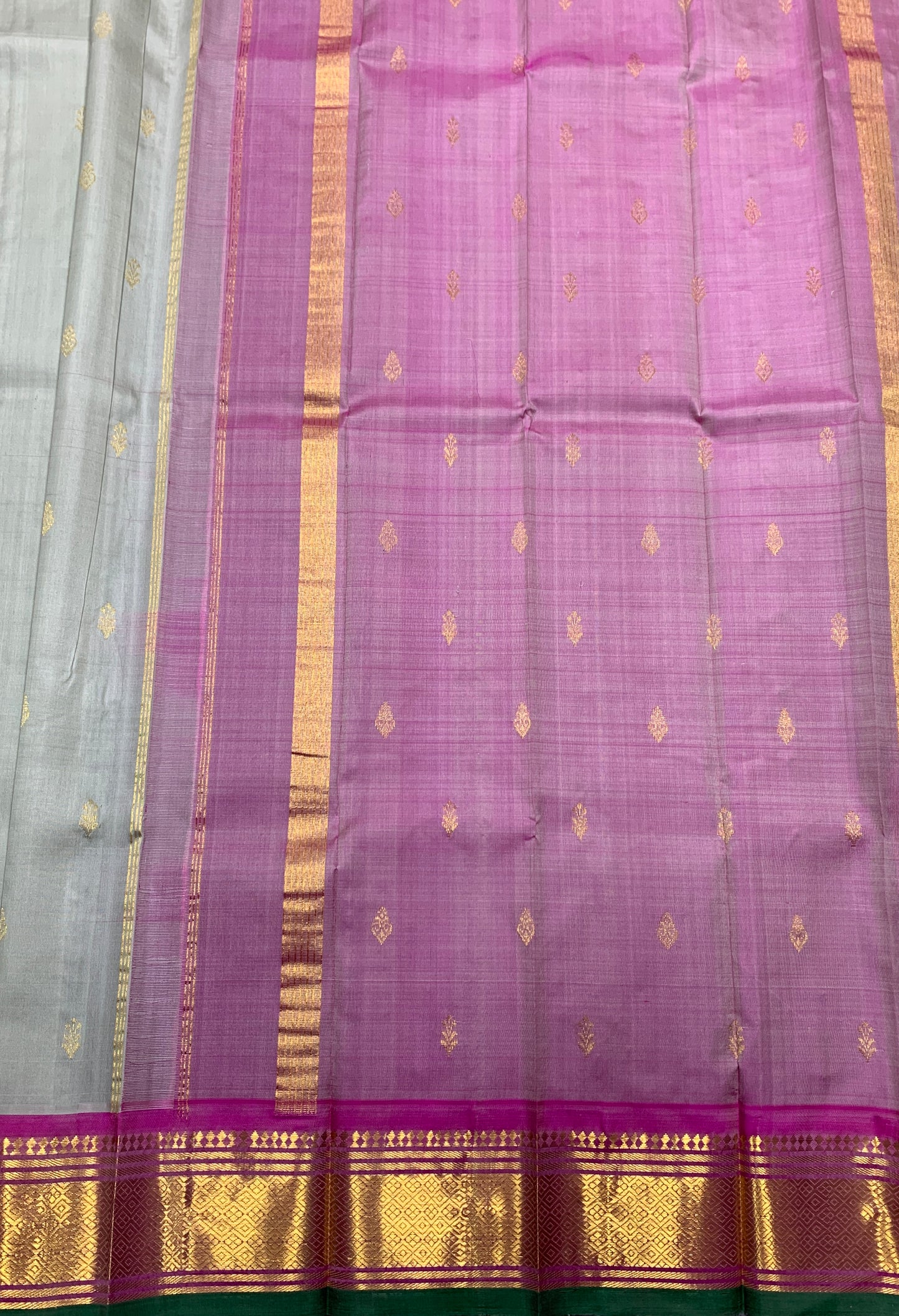 Pure Kanchipuram Silk Saree Light Gray Colour with Pink and Gold Zari Border