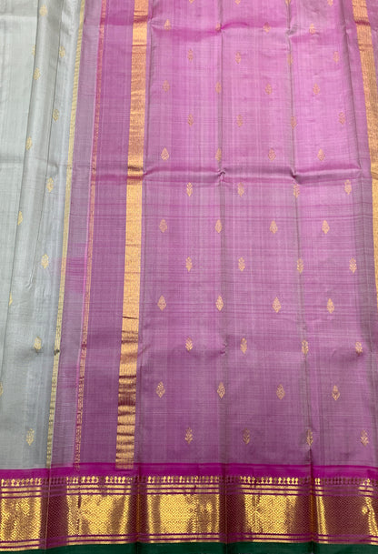 Pure Kanchipuram Silk Saree Light Gray Colour with Pink and Gold Zari Border