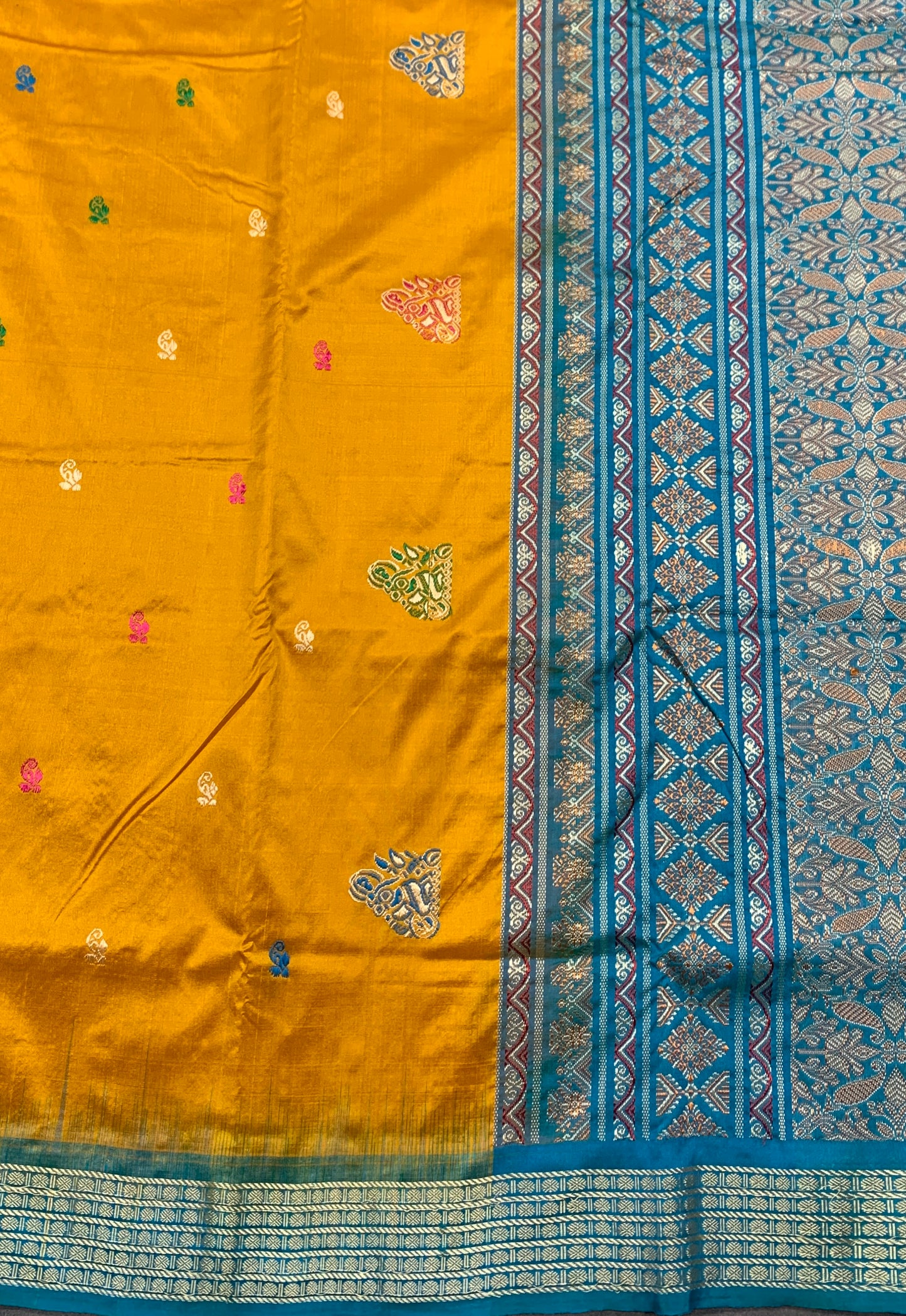 Pure Kanchipuram Silk Mustard Yellow Colour with Sky Blue Colour Thread Work Border