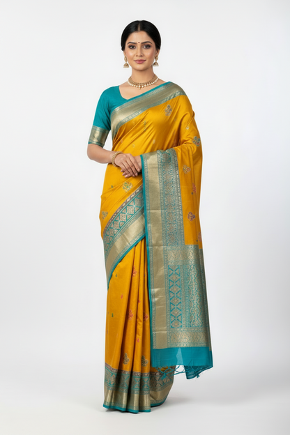 Pure Kanchipuram Silk Mustard Yellow Colour with Sky Blue Colour Thread Work Border
