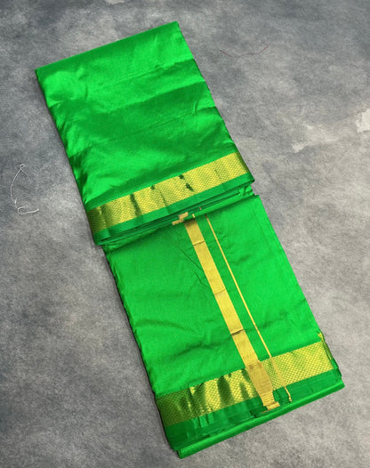 9X5 Pure Silk Light Green Colour Dhoti with Golden Zari Border