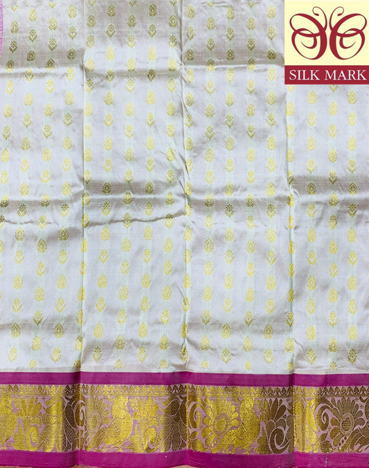 White shade Pure kanchipuram Kids Pattu Pavadai with contrast border for newborn to 2 Years