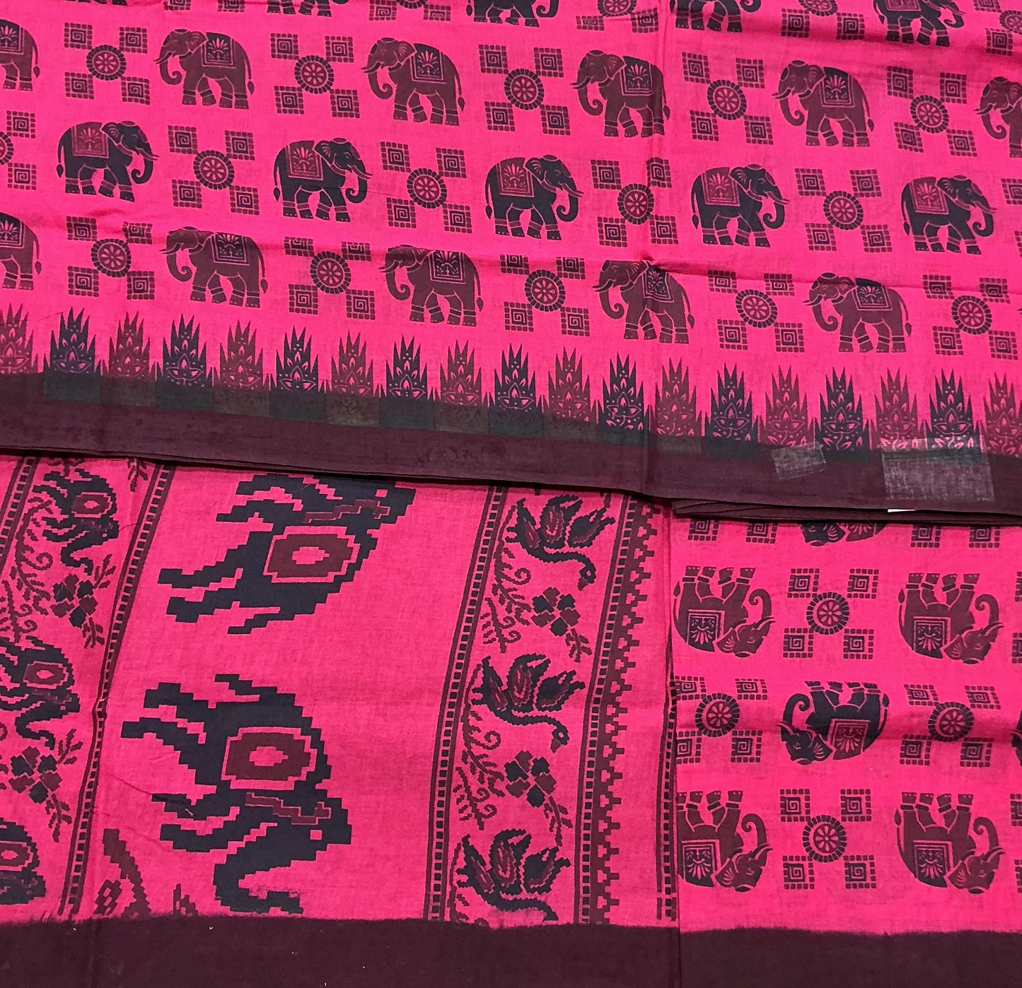 Chettinad Sungudi Cotton Pink Colour with Dark Brown Colour Border