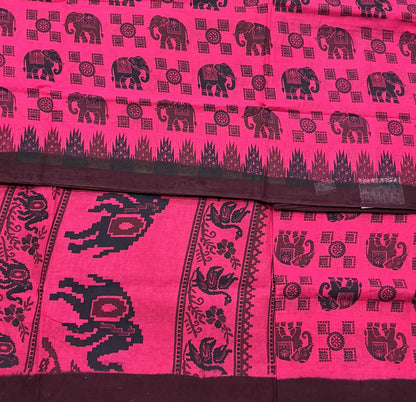 Chettinad Sungudi Cotton Pink Colour with Dark Brown Colour Border