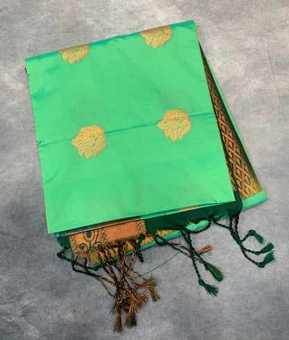 Soft Vegan Silk Saree Light Green Colour with Green and Copper Border
