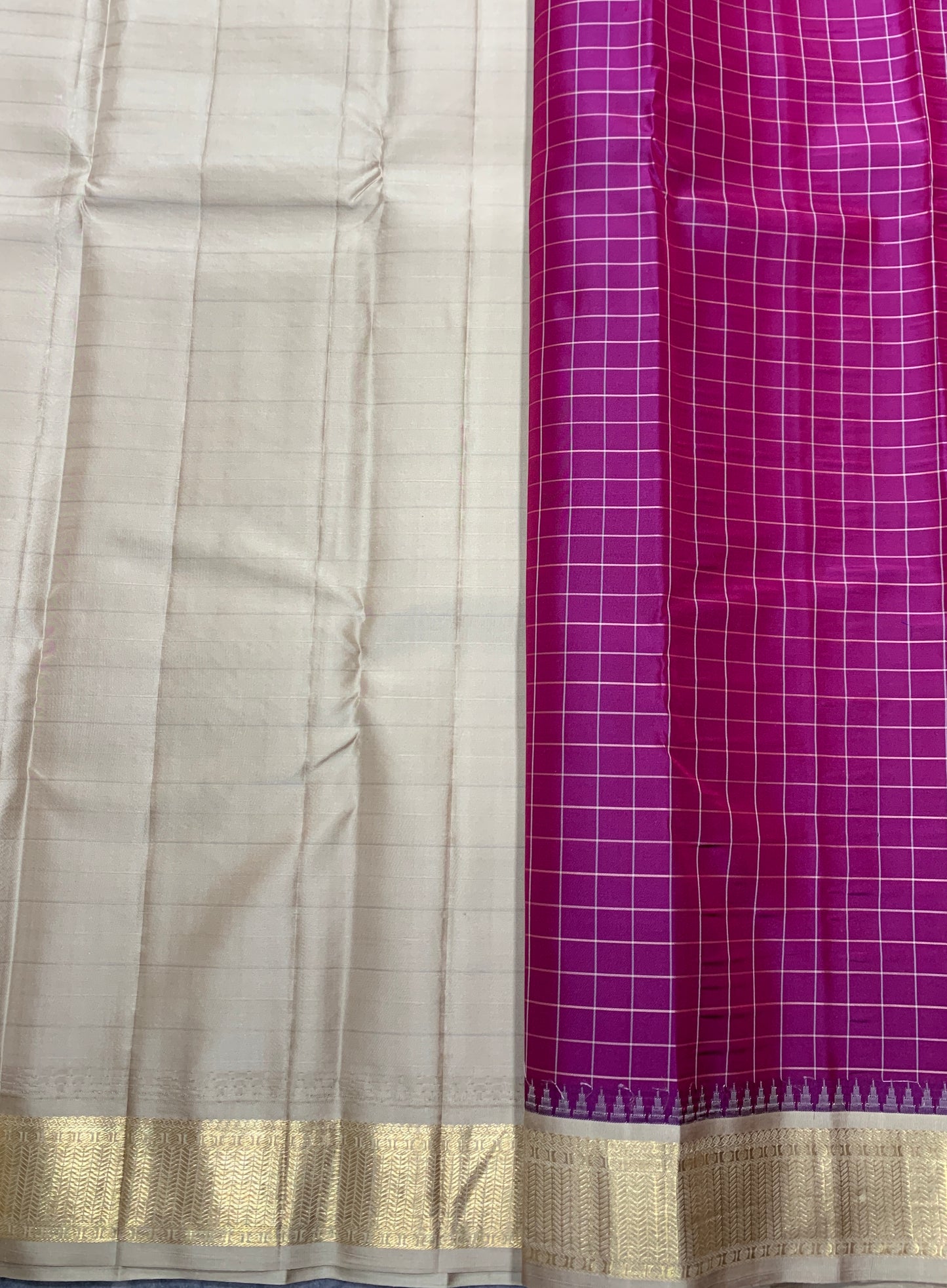 Pure Kanchipuram Silk Magenta Colour with Tussar and Golden Zari Border