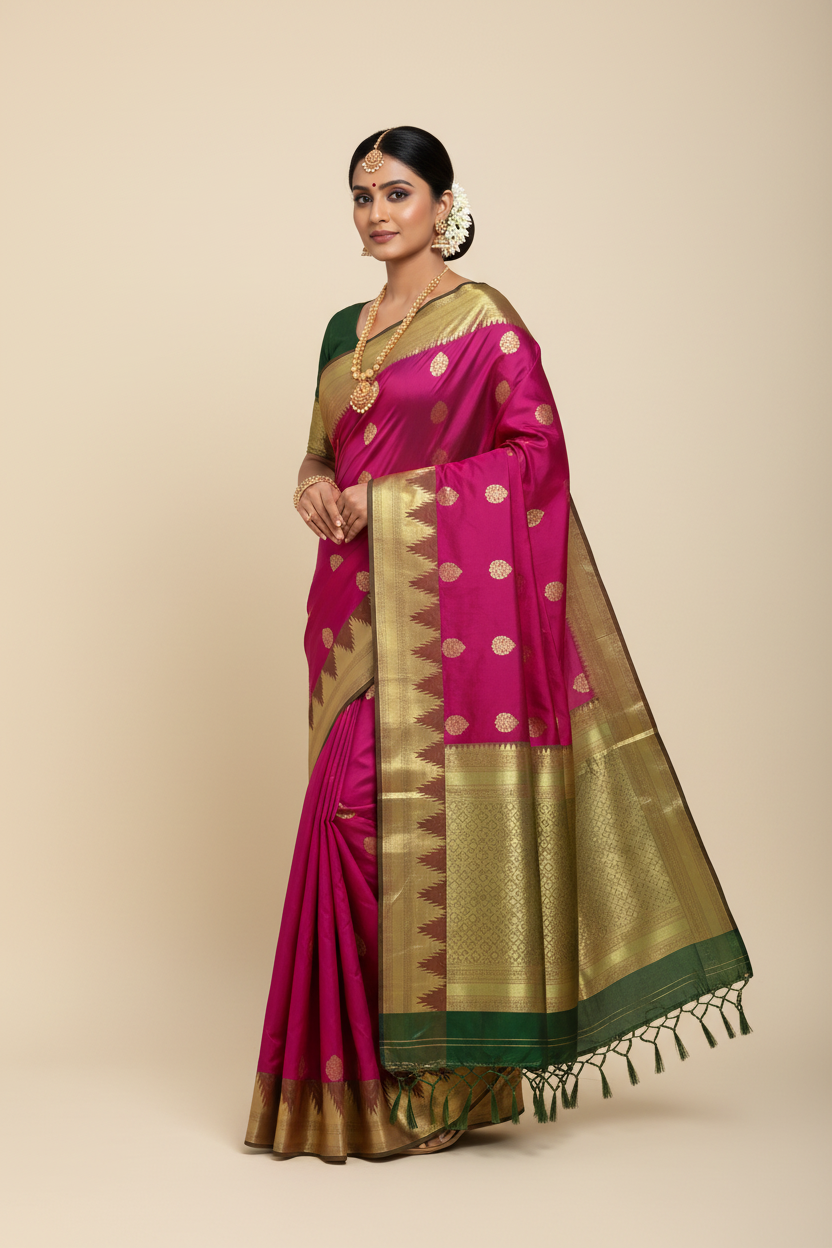 Pure kanchivaram Silk Saree Pink Colour with Dark Green with Gopuram Design Border