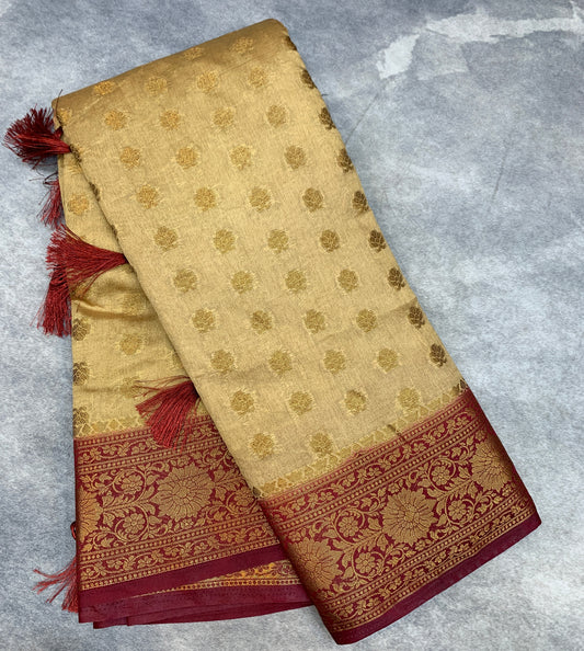 Crepe Saree Sandal Colour with Maroon Border