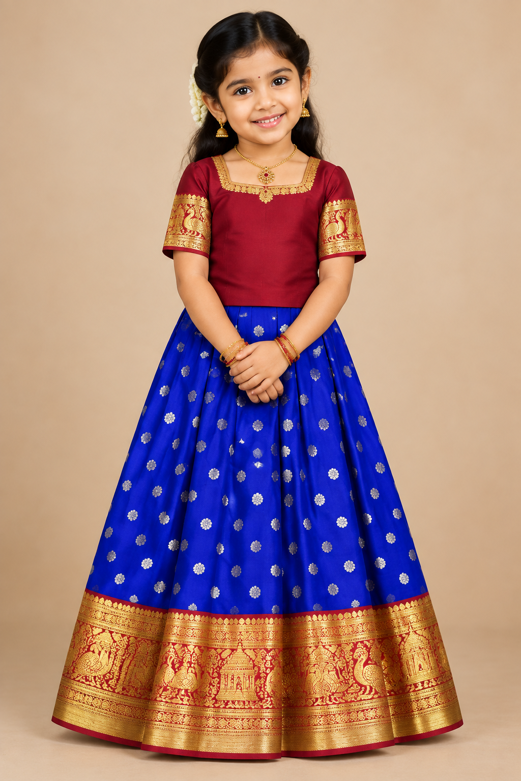 Blue Shade Pure Kanchipuram Kids Pattu Pavadai with Contrast Border for Age Above 10 Years