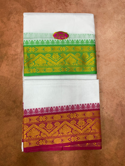 9X5 Cotton Dhoti White with Light Green and Pink Ganga Jamuna Border