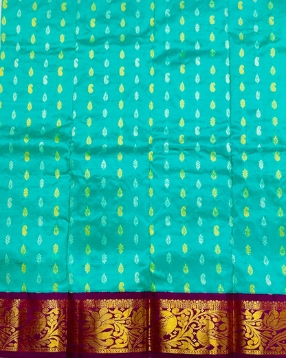 Sapphire shade Pure kanchipuram Kids Pattu Pavadai with contrast border for newborn to 2 Years