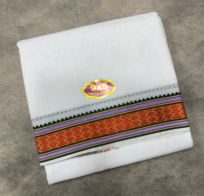 9X5 Cotton Dhoti White Colour with Red and Green Border with Angavastarm