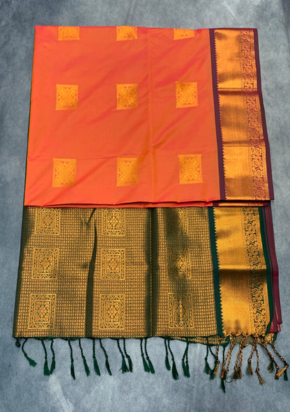 Soft Vegan Silk Saree Orange Colour with Copper and Brown Border