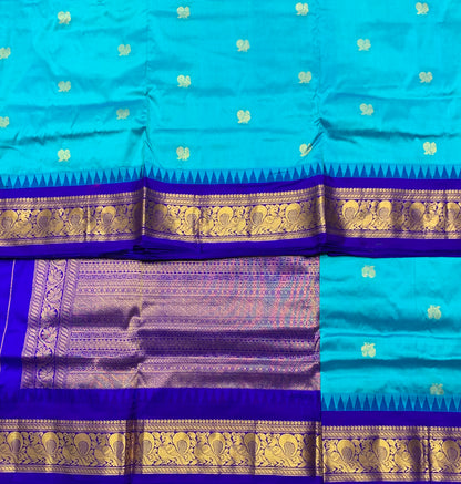 9 yards Pure Kanchipuram Silk Saree Sky Blue Colour with Blue Border