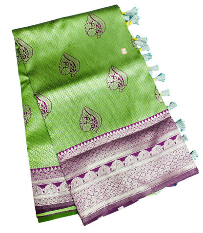 Art Silk Saree Light Olive Green Colour with Magenta Border