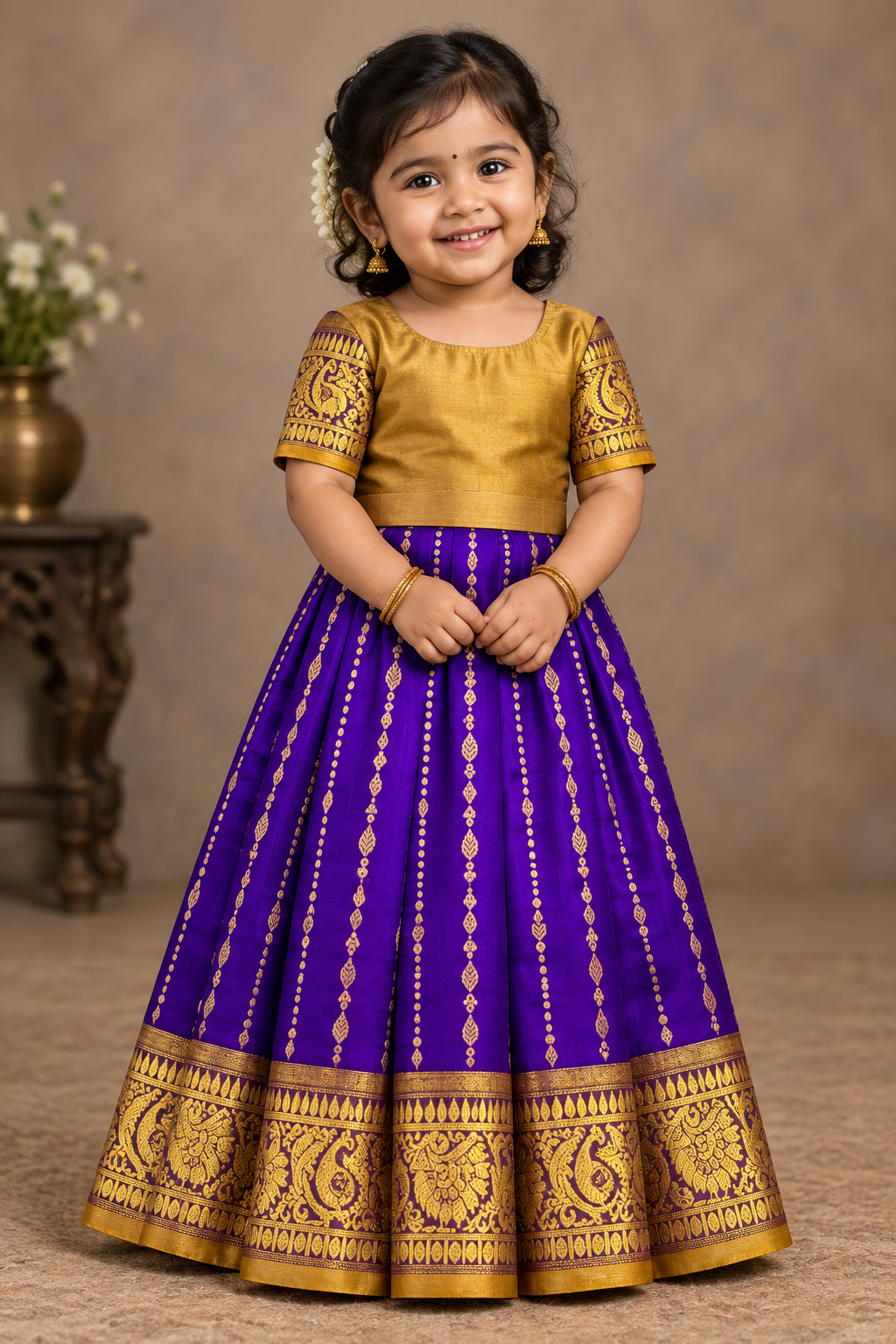 Royal Purple Shade Pure Kanchipuram Kids Pattu Pavadai with Contrast Border for Newborn to 2 Years
