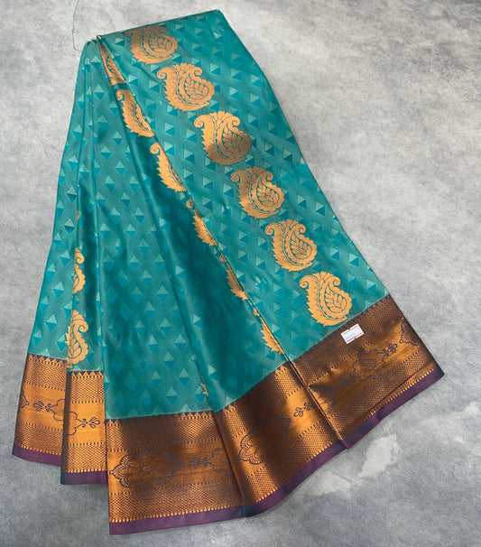 Vegan Silk Saree Rama Green Colour Saree with Copper Border