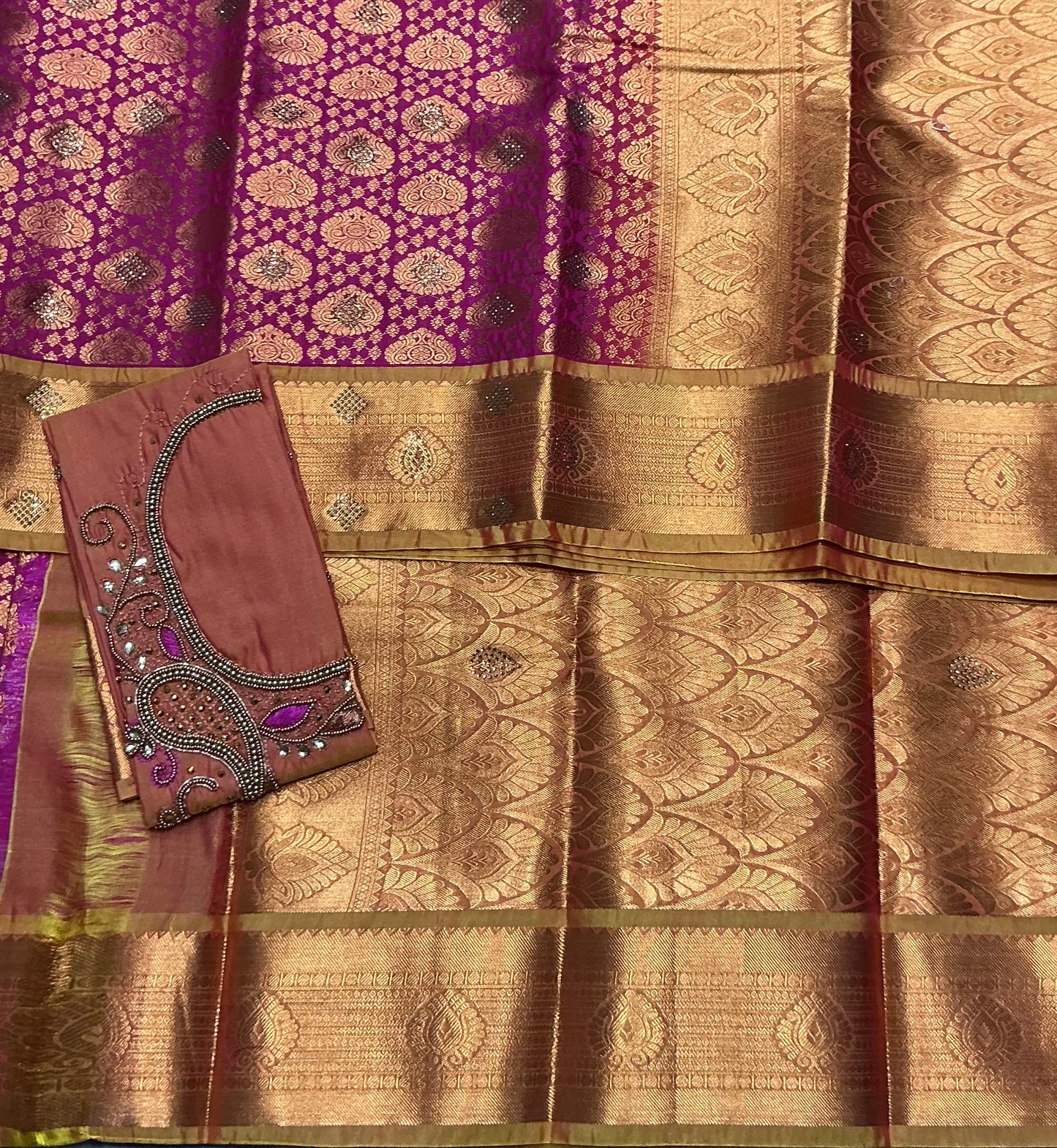 Bridal Vegan Silk Saree Pink Colour with Golden Yellow Border with Unstitched blouse in Aari work